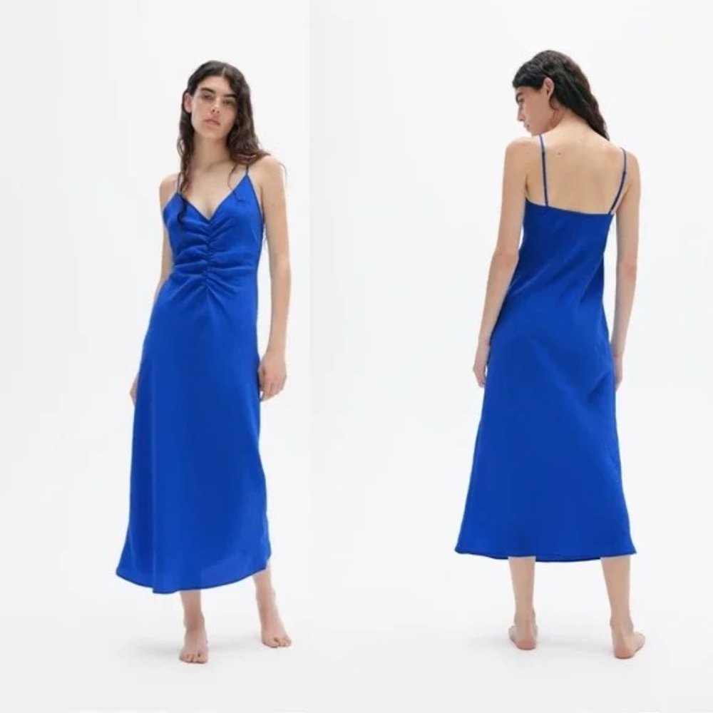 Zara Cobalt Blue Satin Slip Dress with Gathered Bust